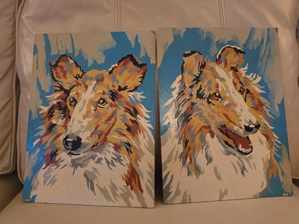 Vintage PBN Paint By Number Rough Collie Finished Piece Pair 9″ x 12″
