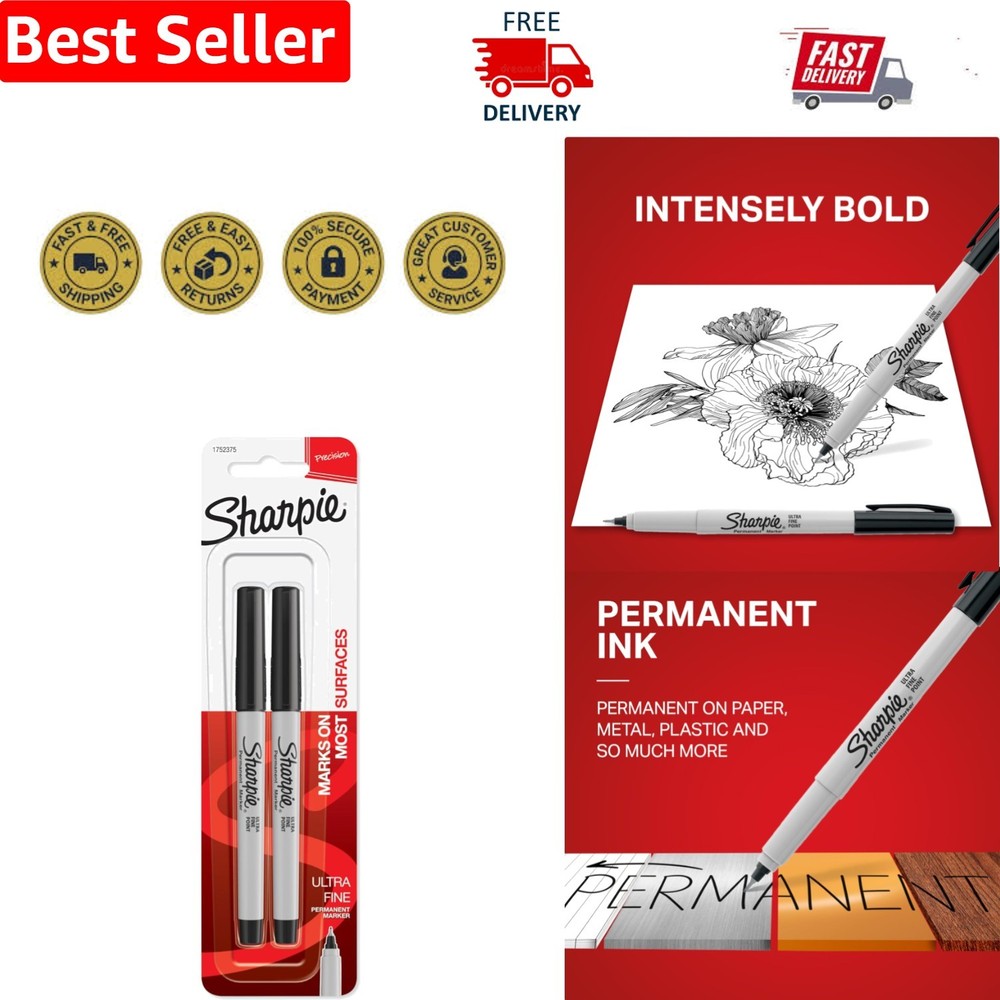 2-Pack Ultra Fine Point Black Permanent Markers – Water Resistant & Non-Toxic