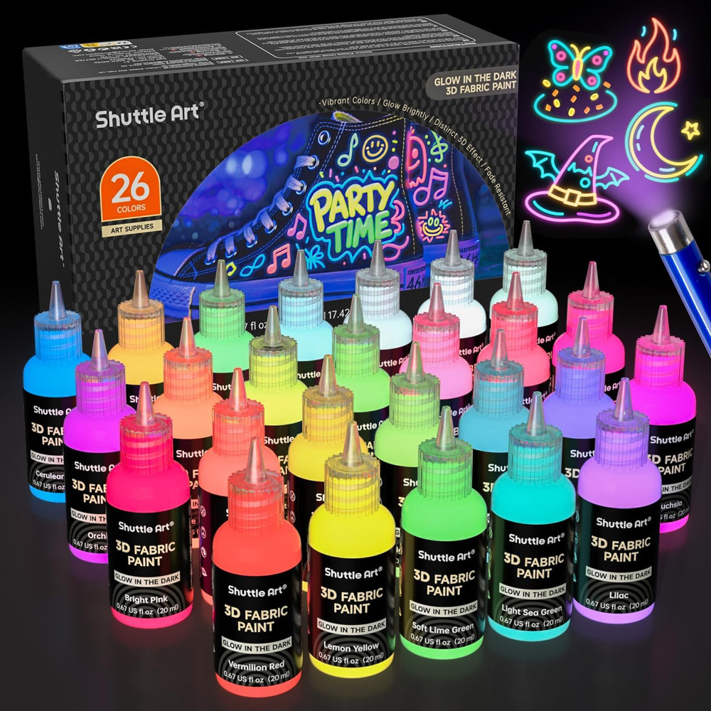 Glow in the Dark Paint, 26 Colors 3D Fabric Paint with 1 Mini UV Light 3 Brushes