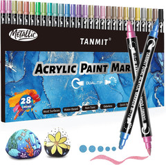 28 Metallic Colors Acrylic Paint Markers, Dual Tip 1 Count (Pack of 28)