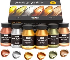Nicpro Acrylic Paint Metallic 6 Colors Gold Silver Copper 24oz