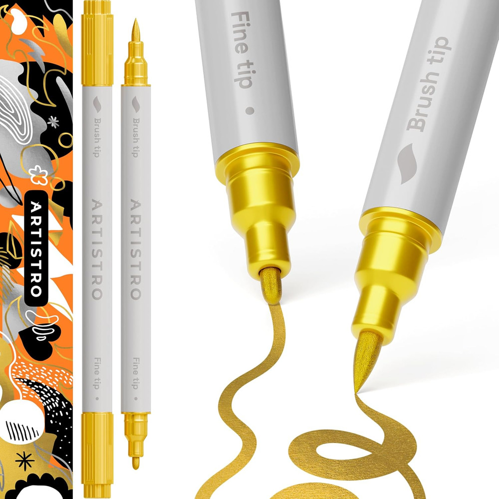 2 Gold Dual-Tip Acrylic Paint Pens – Multisurface Metallic Markers for Glass, Ro