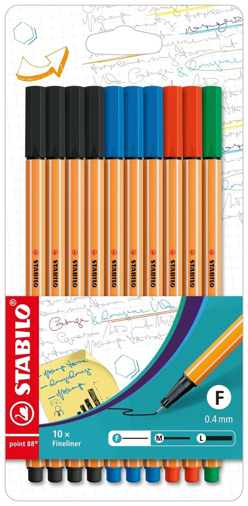 Stabilo Fineliner point 88 – Pack of 10 – Office Colors – 4 x Black, 3 x Blue…