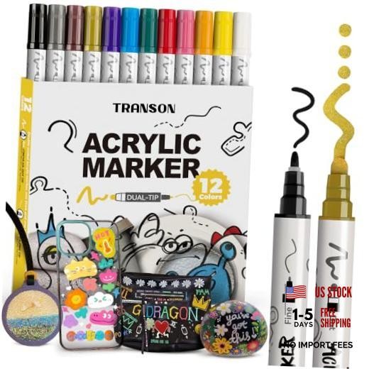 12 Color Bold and Fine Dual-tip Acrylic Paint Pen Set for Canvas 12 Colors
