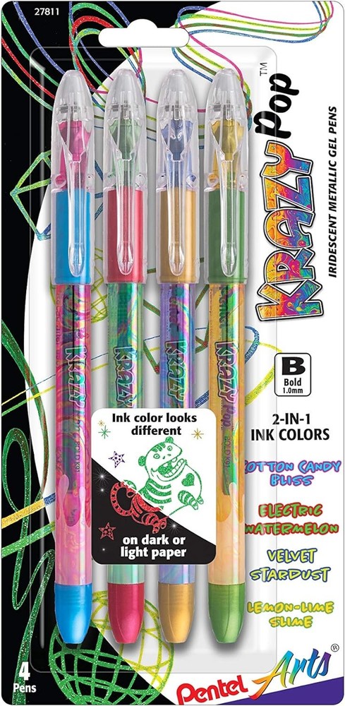 Pentel Arts Krazy Pop Iridescent Gel Pen, 1.0mm Bold Line, Assorted Ink, Pack 4