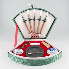 NEW Chinese 5 Brush Art & Calligraphy Set Rest Seal Pots Mixing Stone Paper Box