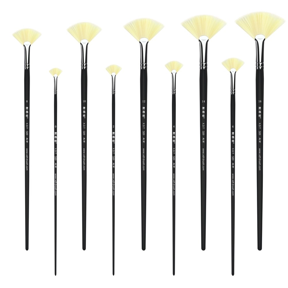 XDT#589-1 Fan Art Brush Set 9pc #0#2#4#6#8#10#12#14#16 Soft Nylon Watercolor