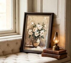 Black Gold Framed Vintage Still Life Floral Wall Art, White Rose Painting Pic…