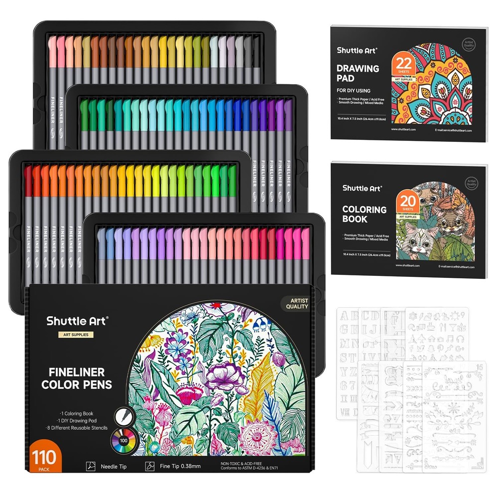 Shuttle Art Fineliner Colored Pens, 100 Colors 100 with Stencils