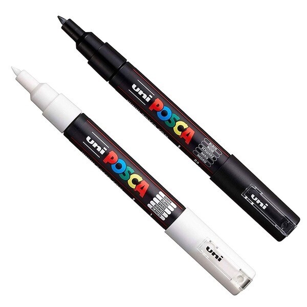 Uni POSCA – PC-3M Art Paint Marker – 0.9-1.3mm Tip – Black and White – Pack of 2