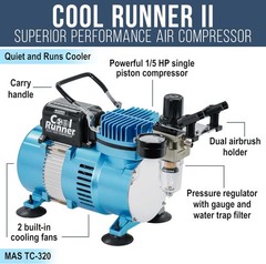 Air Brush Kit W/ Air Compressor 1/5 HP Cool Runner II Dual Fan W/ Regulator
