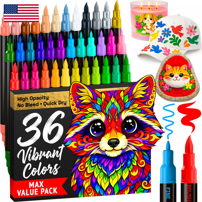 Artistro 36 Acrylic Paint Markers – Paint Pens For Drawing Brush Fine Tips –