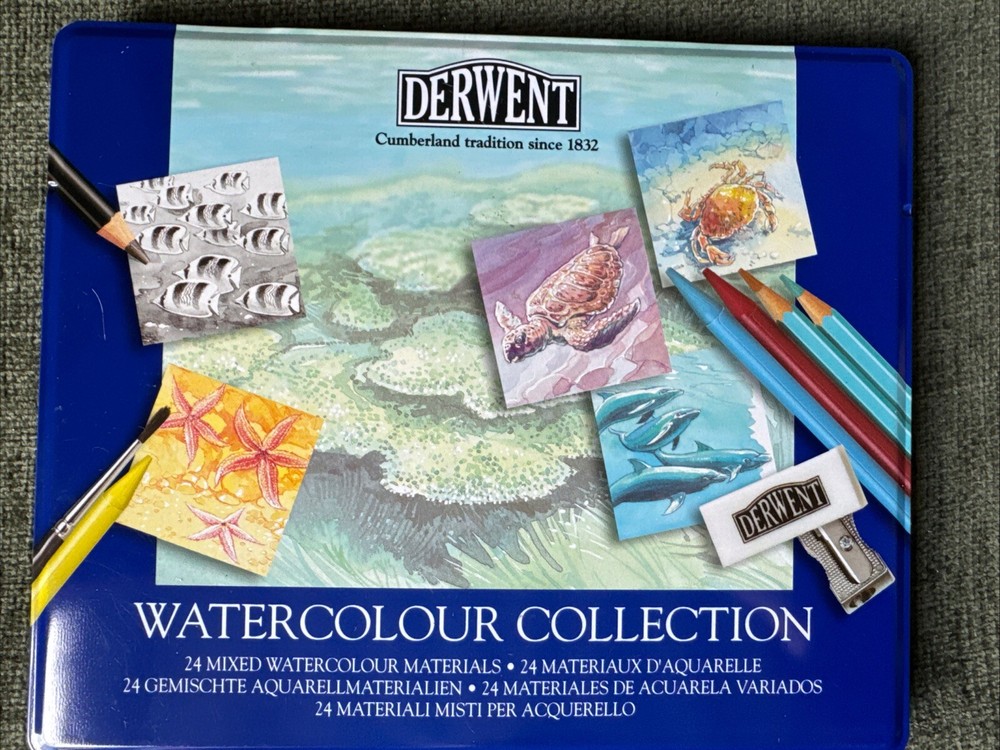 Derwent Cumberland 24 Mixed Watercolour Materials Pencils Metal Tin New O317
