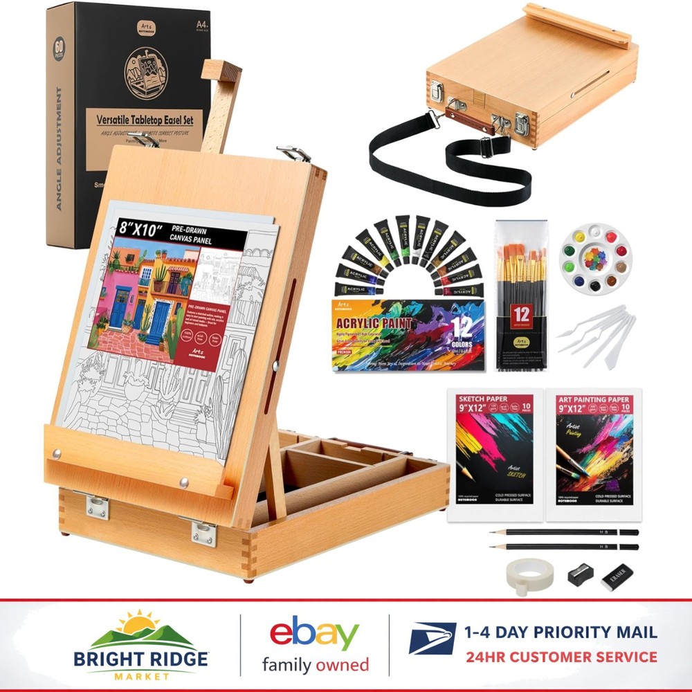 Sturdy Beechwood Easel with 60 Art Supplies for Painting and Sketching Needs