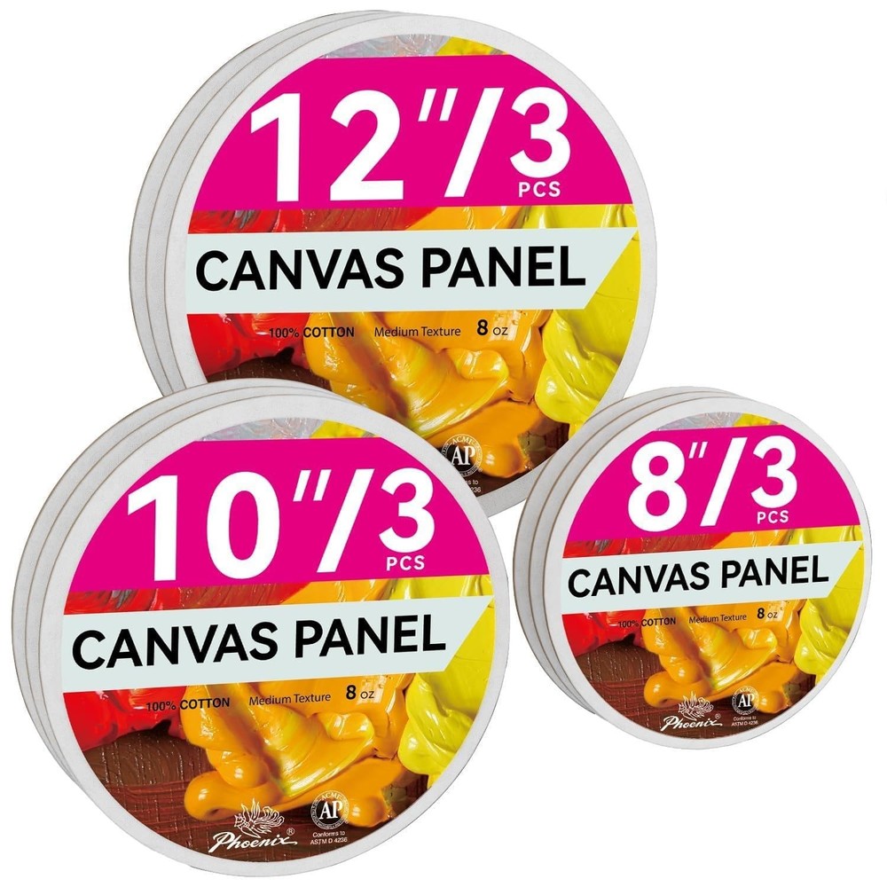 Round Canvas Painting Boards – 8 10 12 Inch/ 3 Pack Each – 9 PK Circle Canvas…