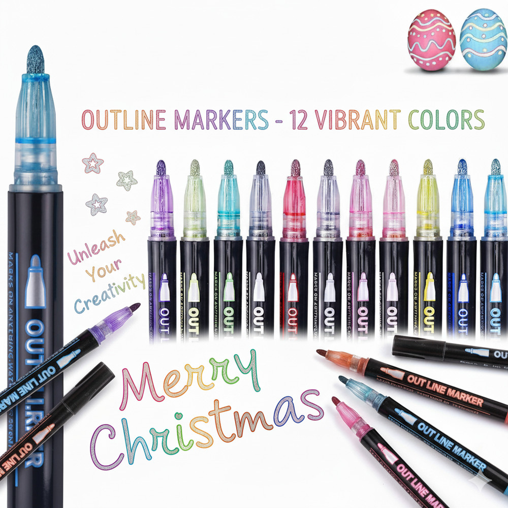 12 Glitter Pens Outline Marker Pens, Arts and Crafts for Kids Stocking Fillers