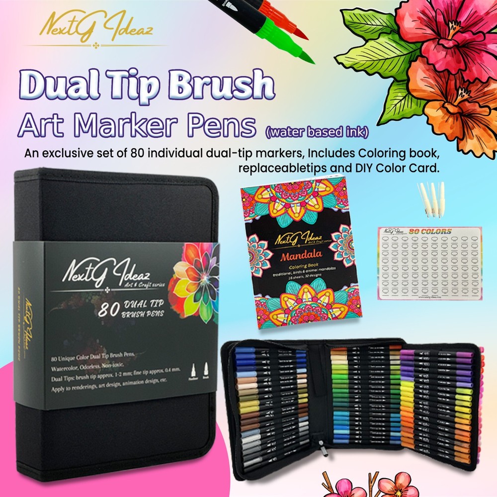 80 Dual Tip Brush Markers Set w/ Coloring Book Artist Pens Kit