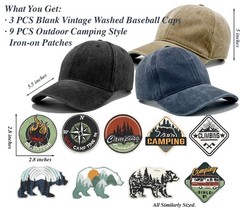 3PCS Washed Baseball Caps for Men with 9PCS Outdoor Camping Iron on Patches, …