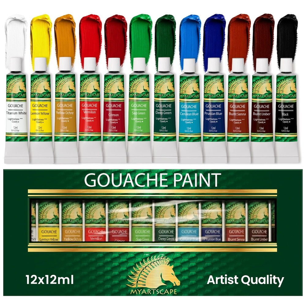 MyArtscape Gouache Paint Set 12 Artist Quality Colors 12ml – High Pigment Mat…