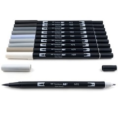 Tombow 56171 Dual Brush Pen Art Markers, Grayscale, 10-Pack. Blendable, Brush