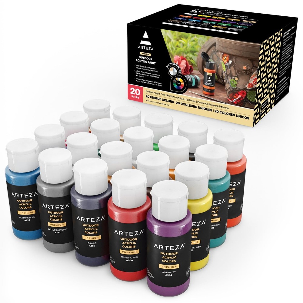 Arteza Outdoor Acrylic Paint, Set of 20 Colors/Bottles 2 oz./59 ml. Rich Pigment