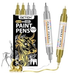 Oil Based Paint Markers, Dual Tip Paint Pens(0.7mm & 3mm), Gold 2Gold2Silver