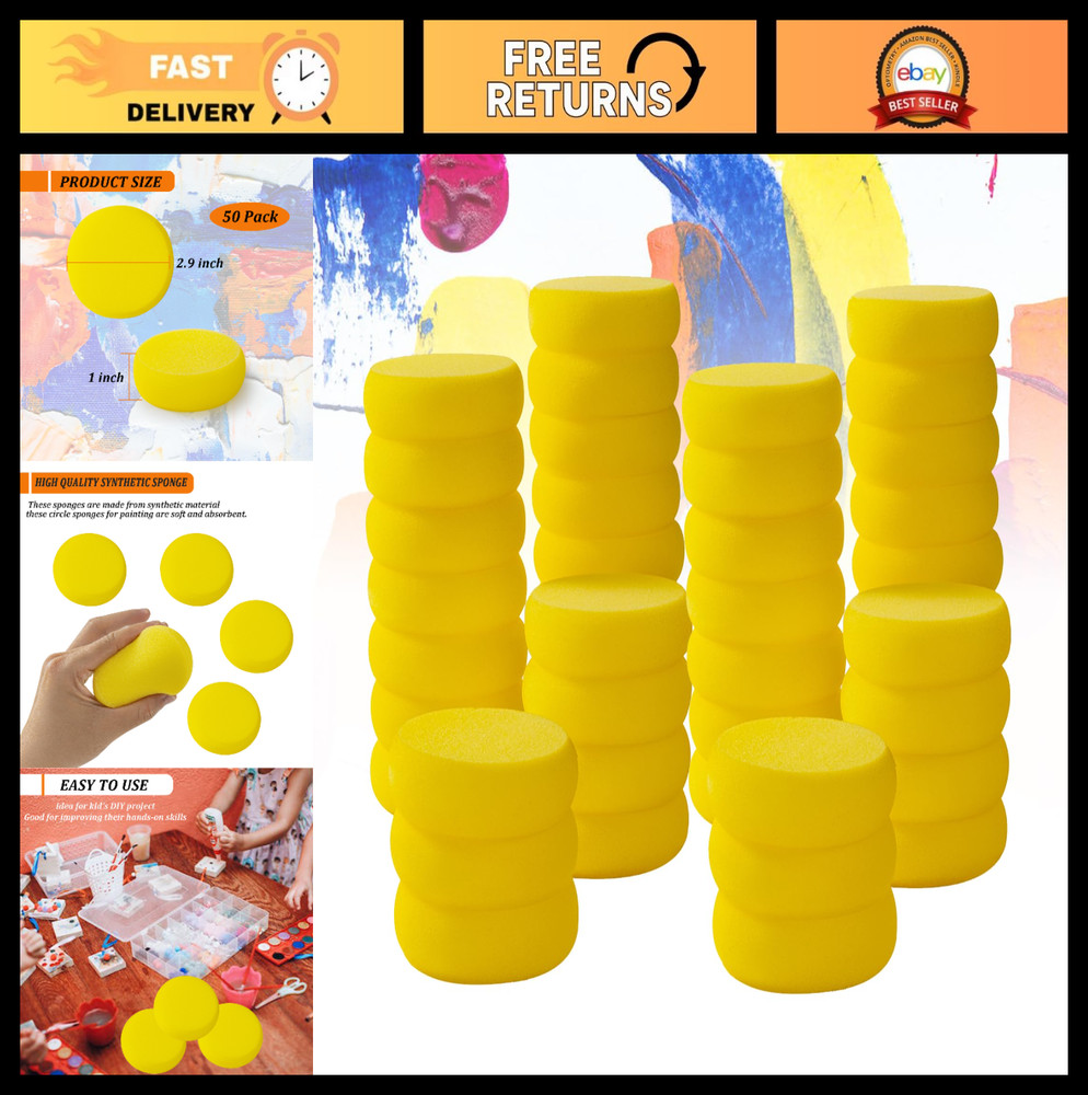 50 Pack Round Yellow Artist Sponges – 2.9″ for Face Painting, Crafts, Pottery