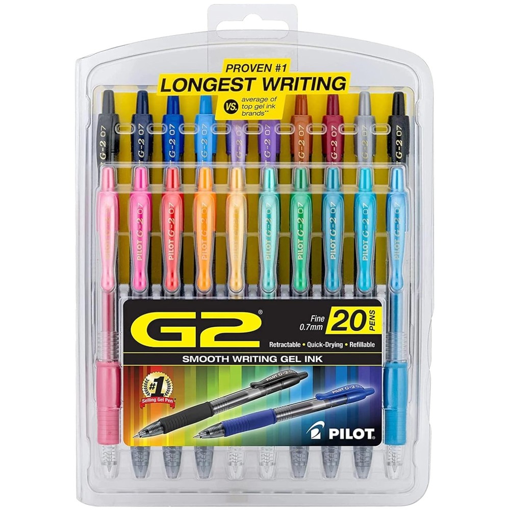Ergonomic G2 Gel Roller Pen Set – 0.7 mm Fine Point, Vibrant Colors, 20 Pack