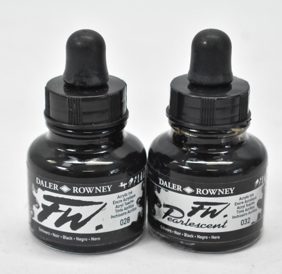 Lot of 2 Daler Rowney FW ARtsits Acrylink Ink Bottles 29.5mL 1oz Black 50761913