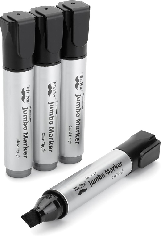 Jumbo Permanent Markers, 4 Pack, Chisel Tip, Black – Thick, Wide Tip, Large Size