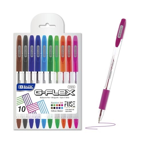 BAZIC 10 Color G-Flex Oil-Gel Ink Pen, Soft Barrel Grip, Stick Ballpoint, 1-Pack