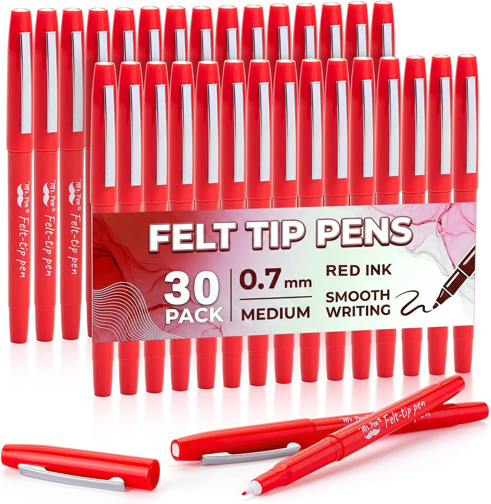 – Felt Tip Pens, 30 Pack, 0.7 Mm, Red Felt Tip Pens Bulk, Fast Dry | No Smear, P