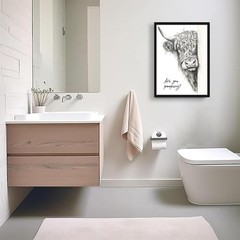 Funny Highland Cow Bathroom Wall Art, 10″L x 8″W Black and white cow Framed