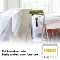 8 Pack Extra Large 12×9 Ft Plastic Drop Cloth Thick Painter Cover Painting Prote