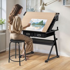 Adjustable Drafting Table Tilting Drawing Desk w/Charging Station Stool Natural
