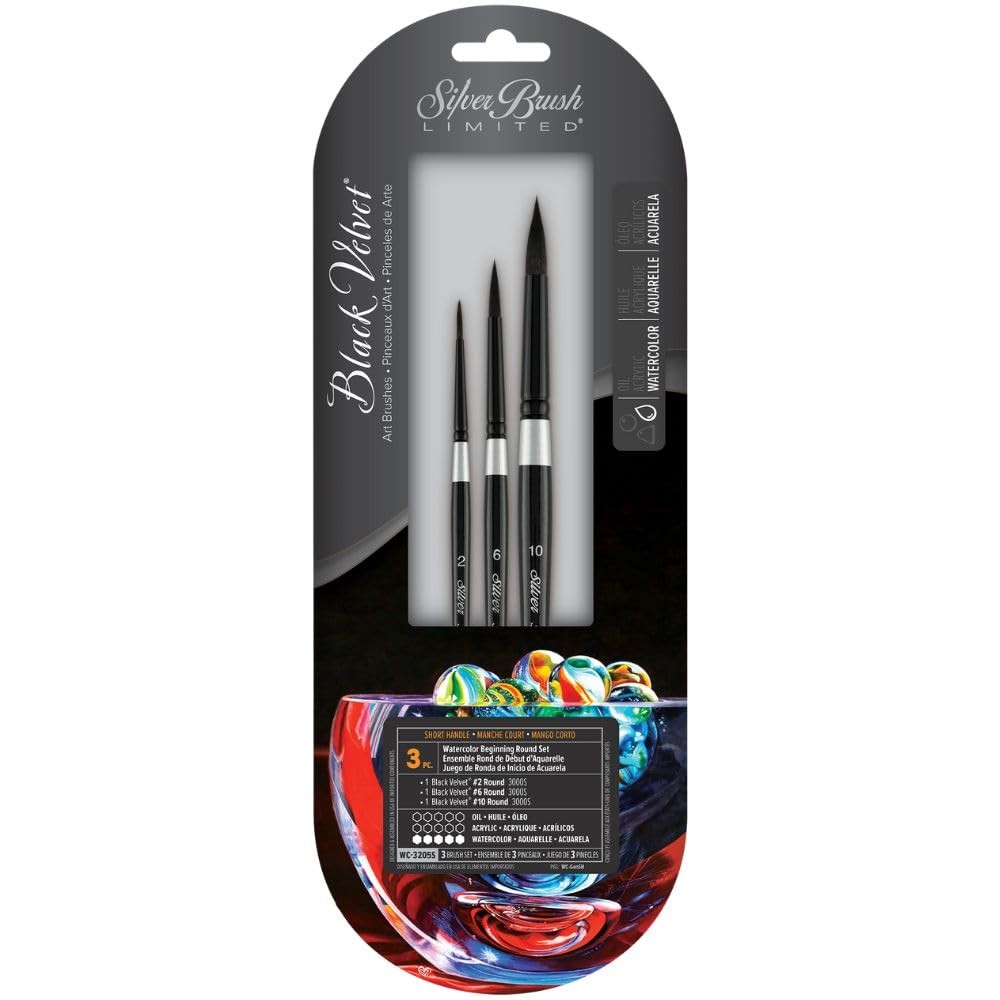 Silver Brush Limited Black Velvet Round Watercolor Brush Set 3 Piece 2,6,10