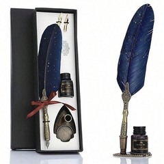 Feather Pen and ink Set with Wood Dip Pen with 1 Black Ink & 2 Replacement Nibs