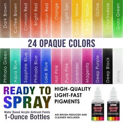 24 Color 1oz Super Starter Airbrush Acrylic Paint Set Cleaner Thinner ColorWheel