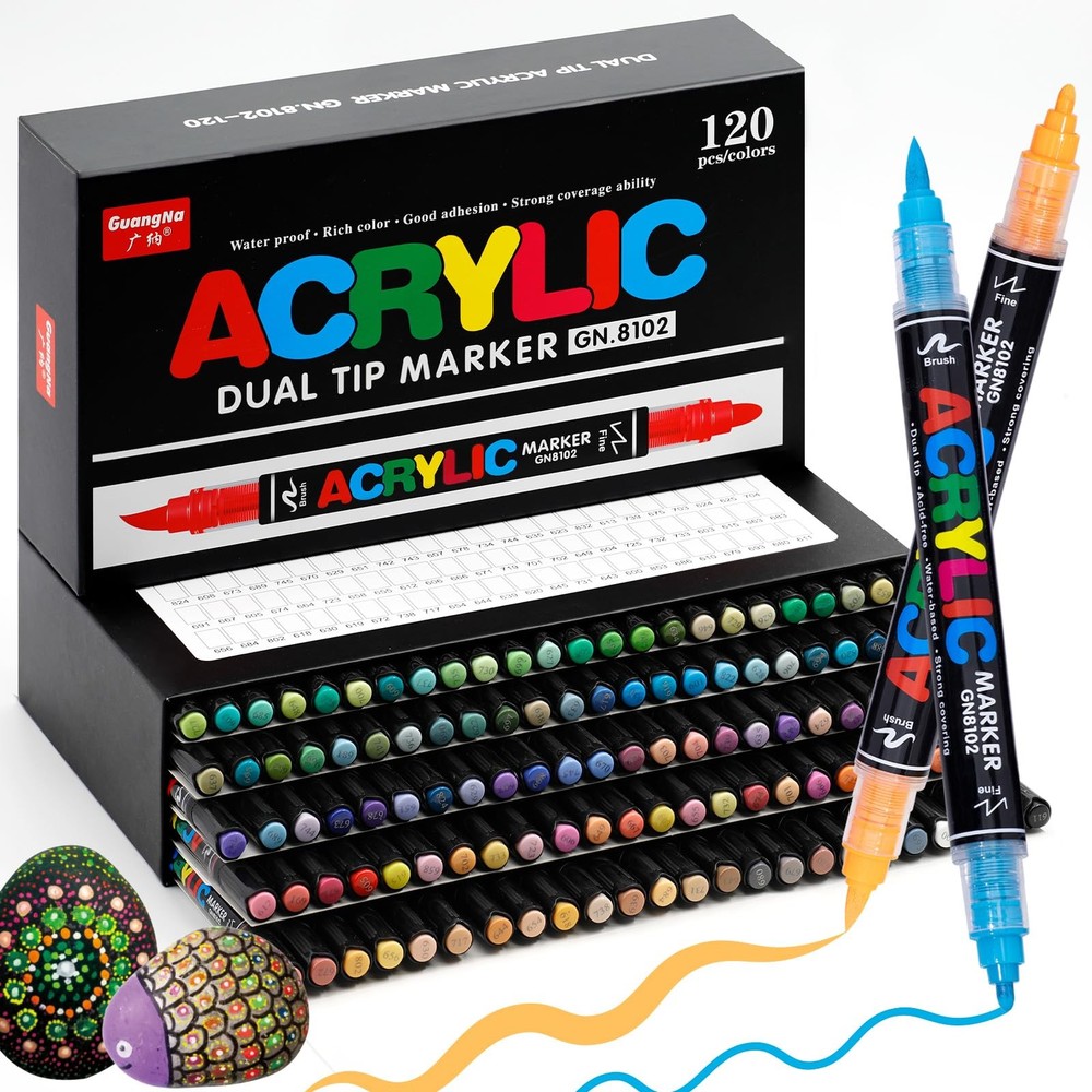 Guangna 120 Colors Acrylic Paint Markers, Dual Tip Paint Markers Pens Set with S