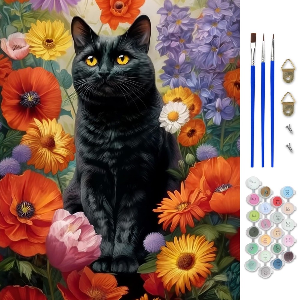 CEOVR Black Cat Paint by Numbers Kit for Adults, Flower FD010-colorful