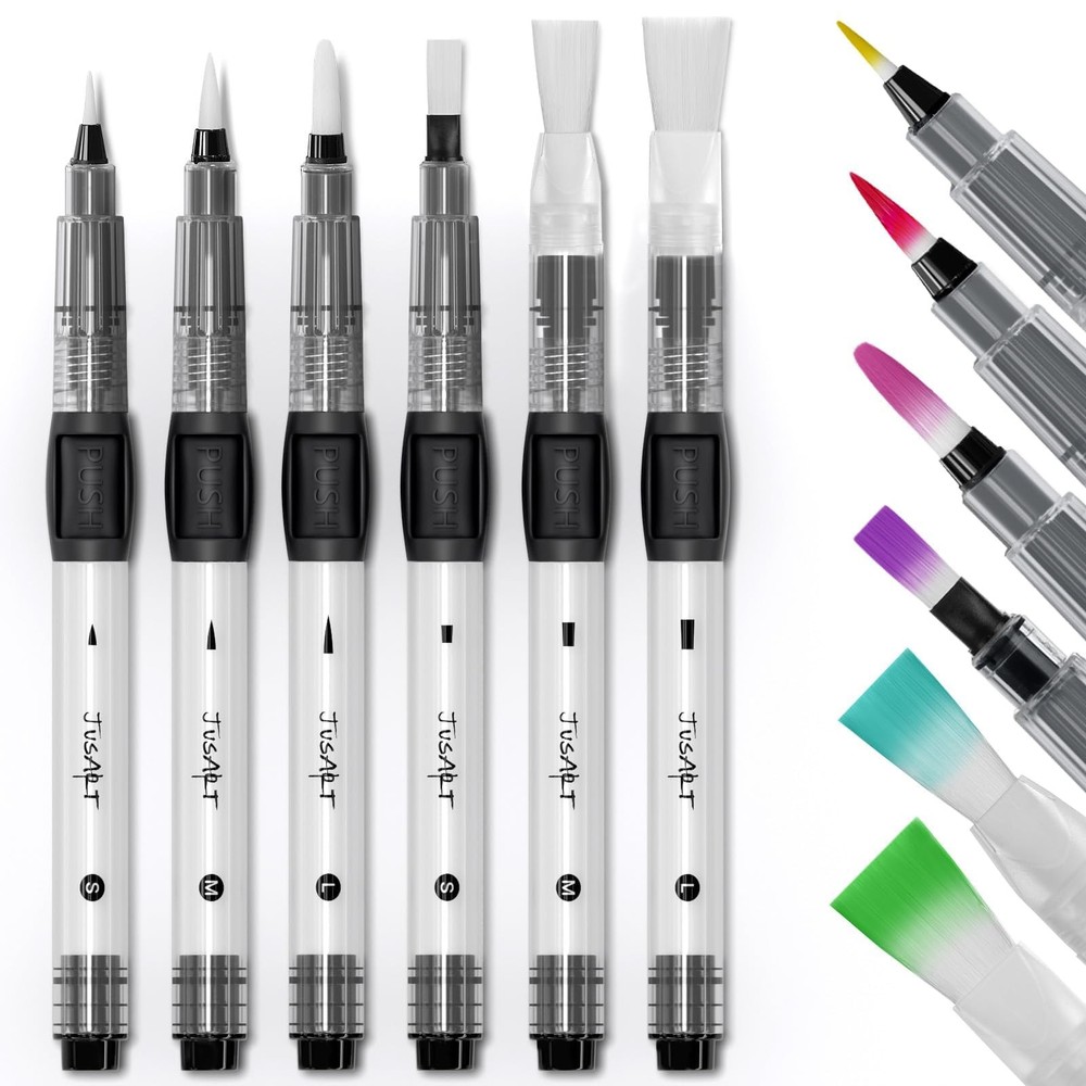JusArt Water Brush Pens 6-Pack Leak-Proof Refillable Pointed & Flat Tips
