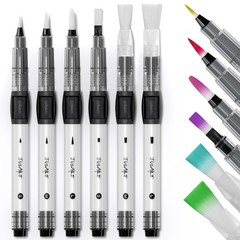 JusArt Water Brush Pens 6-Pack Leak-Proof Refillable Pointed & Flat Tips