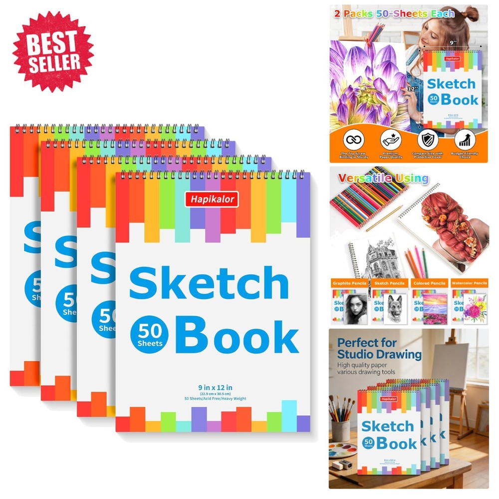 Durable 4-Pack 9×12 Sketch Books with 100gsm Acid-Free Paper for Creative Minds