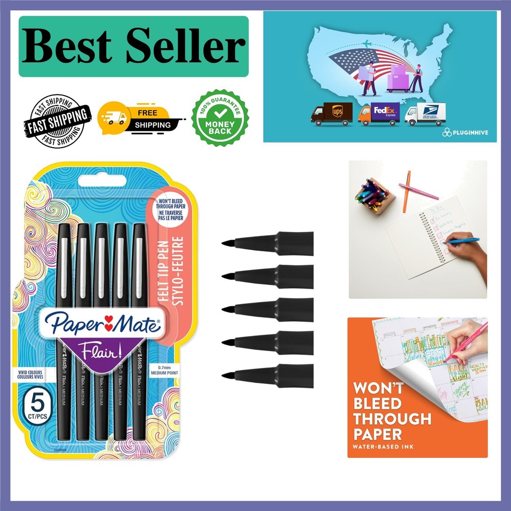 Quick-Drying Flair Felt Tip Pens | 0.7mm No-Bleed Black Writing Pens, Set of 5