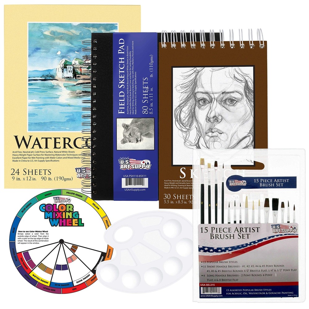 U.S. Art Supply Artist Essentials 20-Piece Set: Watercolor Paper, Sketchbooks…