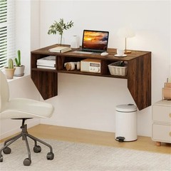 Wall Mounted Floating Computer Desk with 3 Cube Storage Rustic Brown Workstation