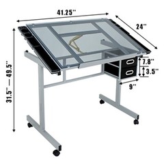 Adjustable Drawing Desk Drafting Table Tempered Glass Desk Craft Statio & Wheels