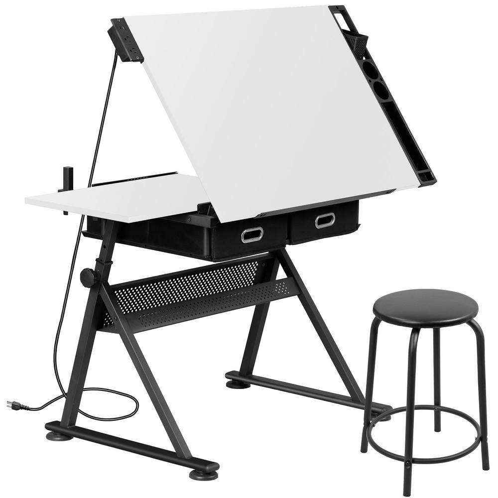 Drafting Table White Drawing Desk Craft Station Artist w/ Charging Station Stool