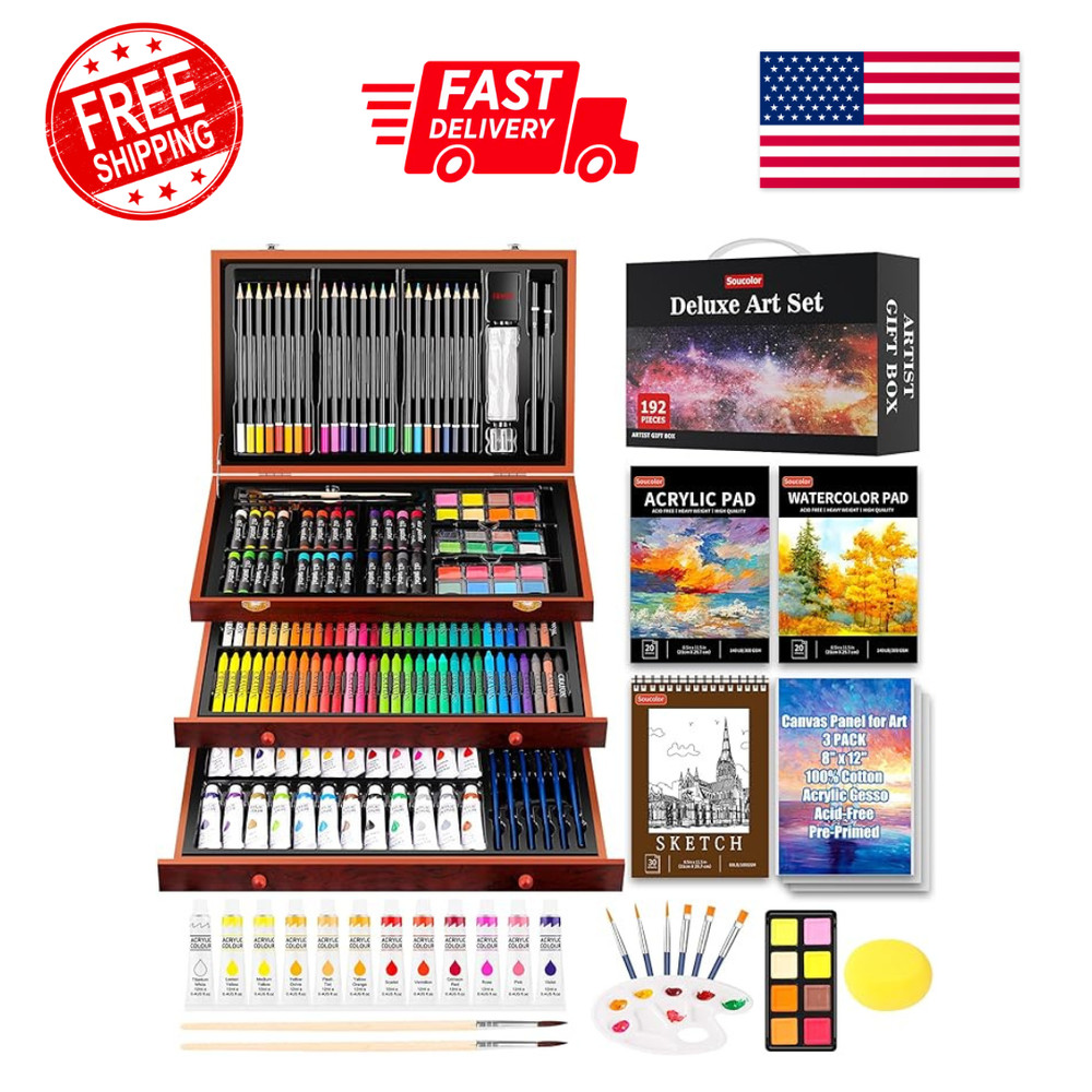 NEW Art Supplies 192-Pack Deluxe Set Drawing Painting Supplies Art Kit Brown