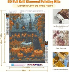 Black Cat Pumpkins Haunted House Fall Leaves 5D Diamond Full Drill Dots Gem Kit